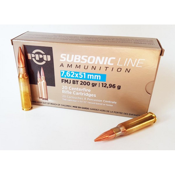 Cartouches Partizan Cal. .308 Winchester 200-Grs FMJ BT x20 Subsoniques